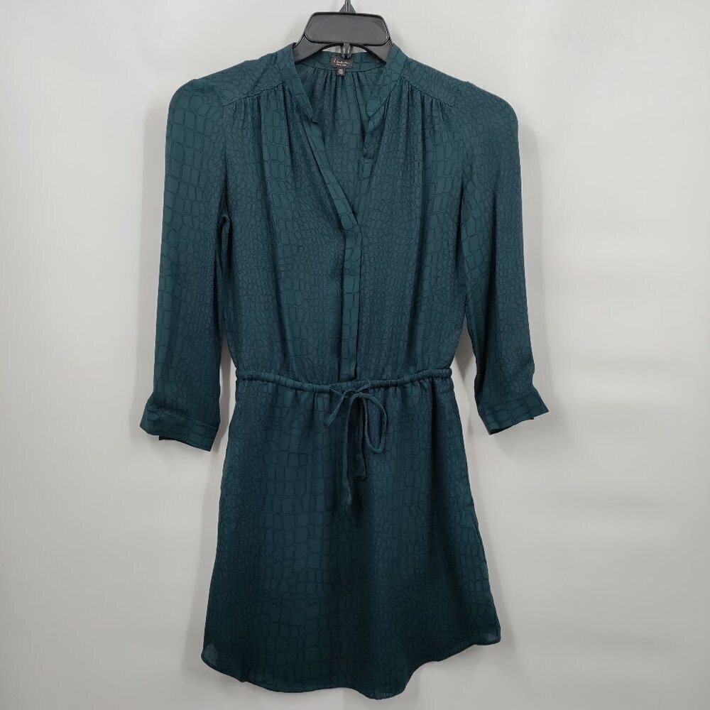 Babaton 100% Silk Animal Print Long Sleeve Button Down Shirt Dress XXS Green